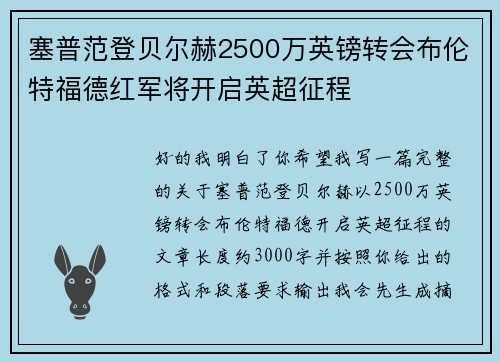 塞普范登贝尔赫2500万英镑转会布伦特福德红军将开启英超征程 塞普范登贝尔赫2500万英镑转会布伦特福德红军将开启英超征程